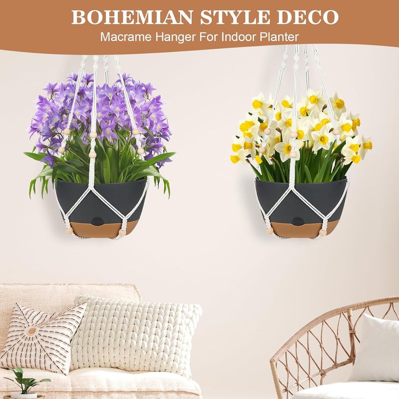 Boochcom Store طقم 3 حوامل نباتات معلقة، 10 + 10 + 8 بوصة وعاء نباتات معلق ذاتي الري، حمالة نباتات ماكرامي مع وعاء، خطافات سقف، صحن قابل للإزالة وفتحات تصريف للنباتات الداخلية والخارجية - أسود - Image 4